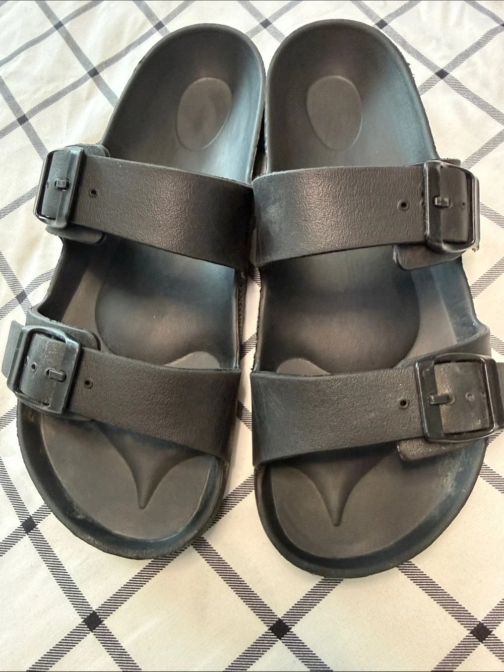 Women's Double-Strap Black Slide Sandals with Adjustable Buckles
